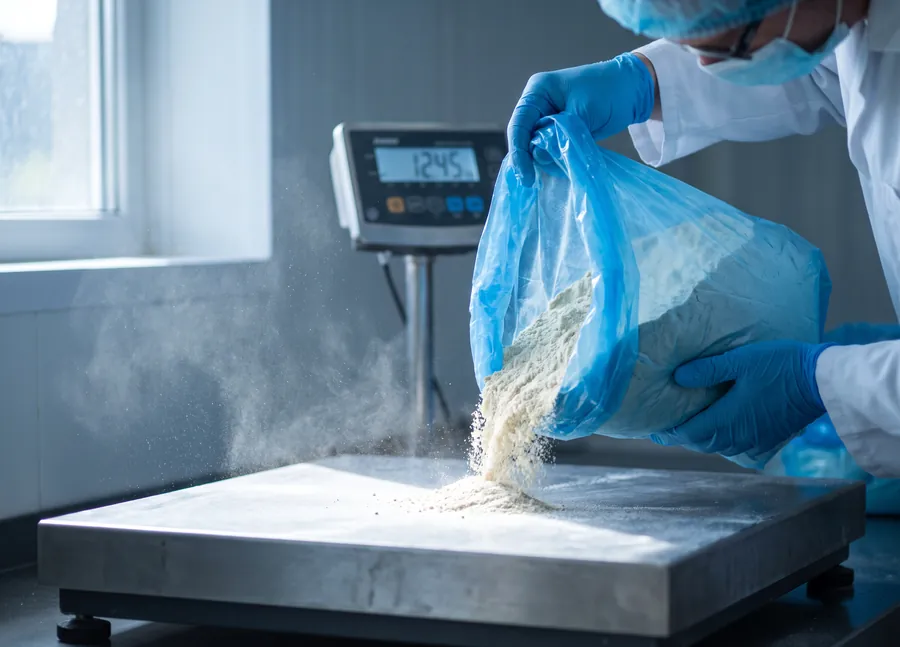An operator emptying milled ingredient from a lined bag onto a bench scale