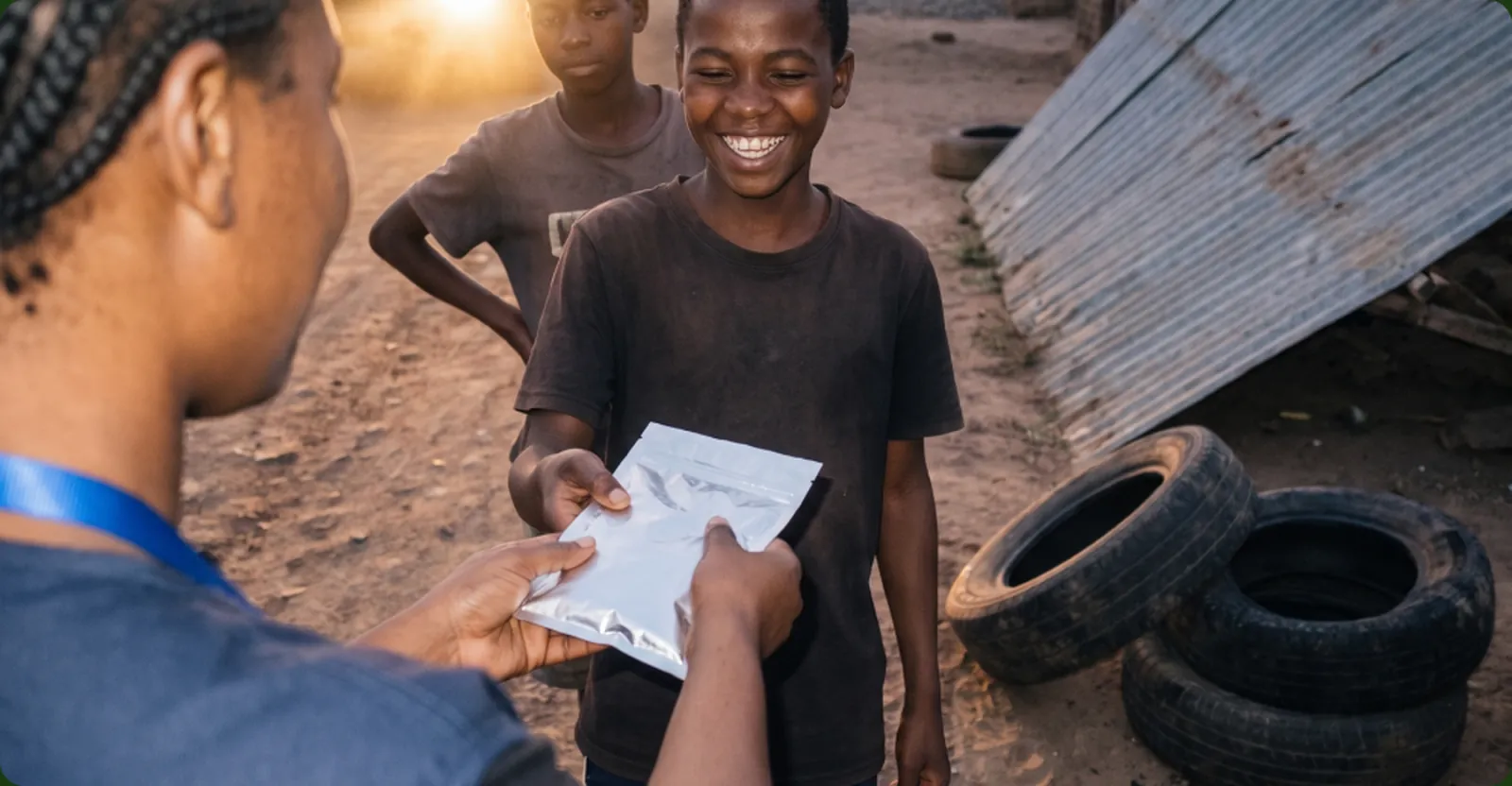 An aid worker handing a sealed ration pouch to a smiling child