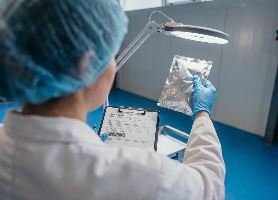 Technician checking a sealed sachet under a magnifying lamp beside a batch label