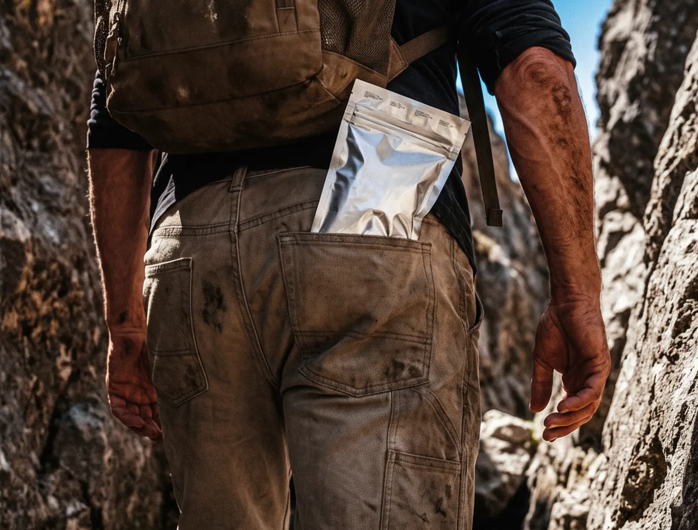 A hiker on a rocky trail with a sealed ration pouch in their back pocket